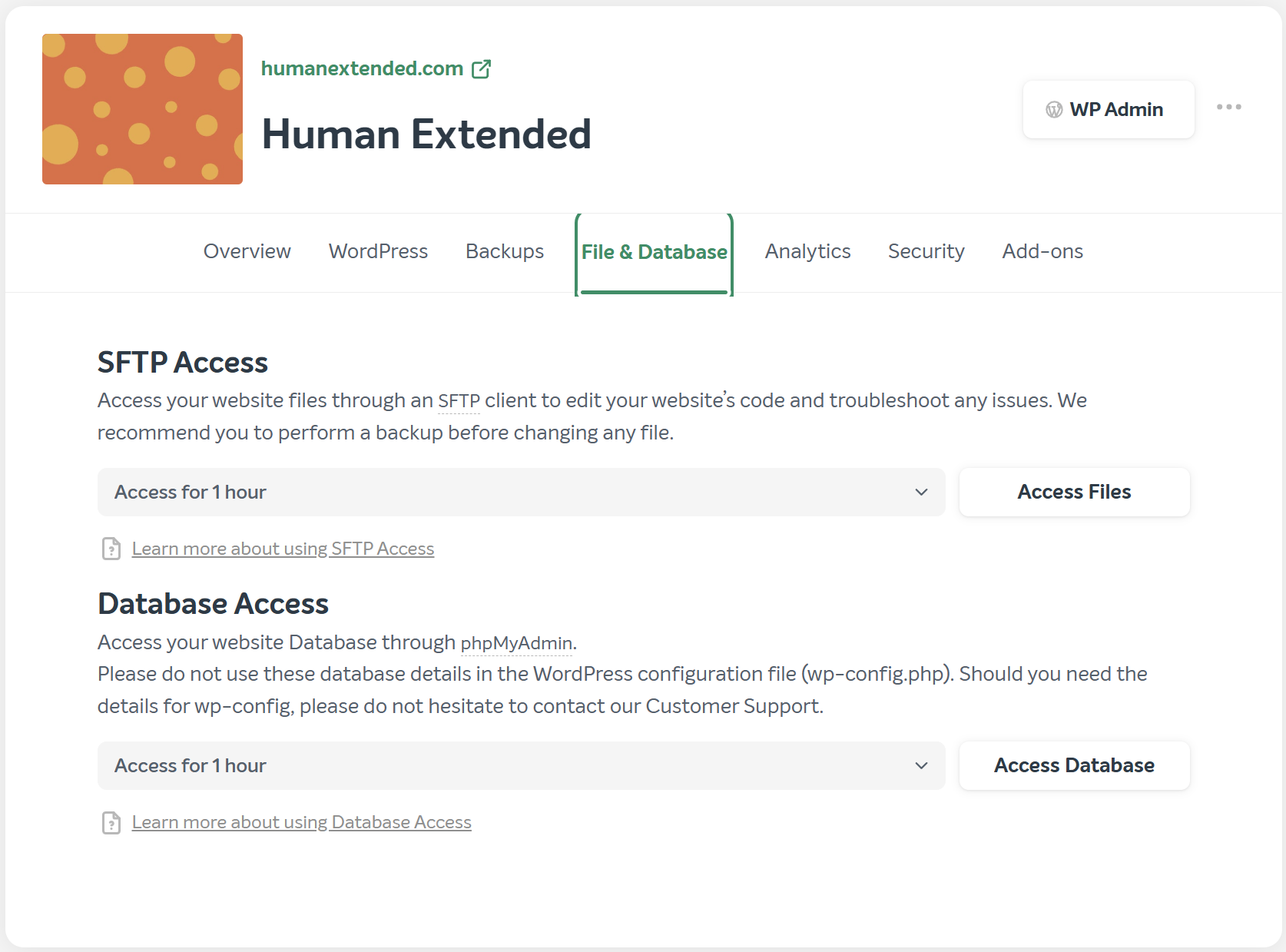 Screenshot of the Files & Database tab of the EasyWP management app, showing how to get access to SFTP and phpMyAdmin.