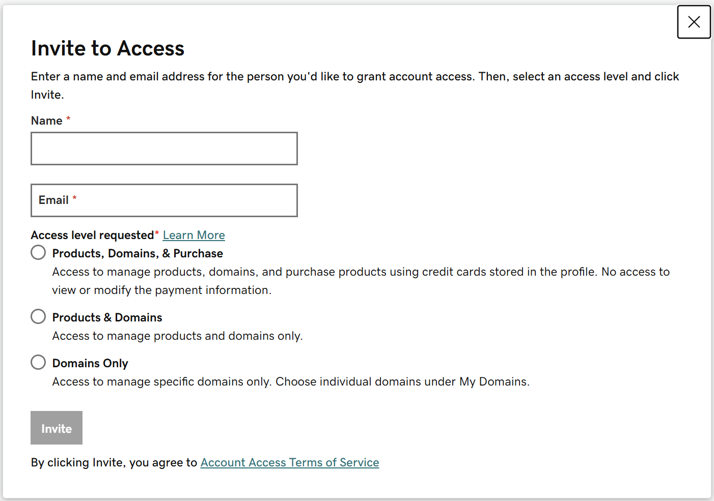 Screenshot of the page for specifying delegate name, email address, and permissions.