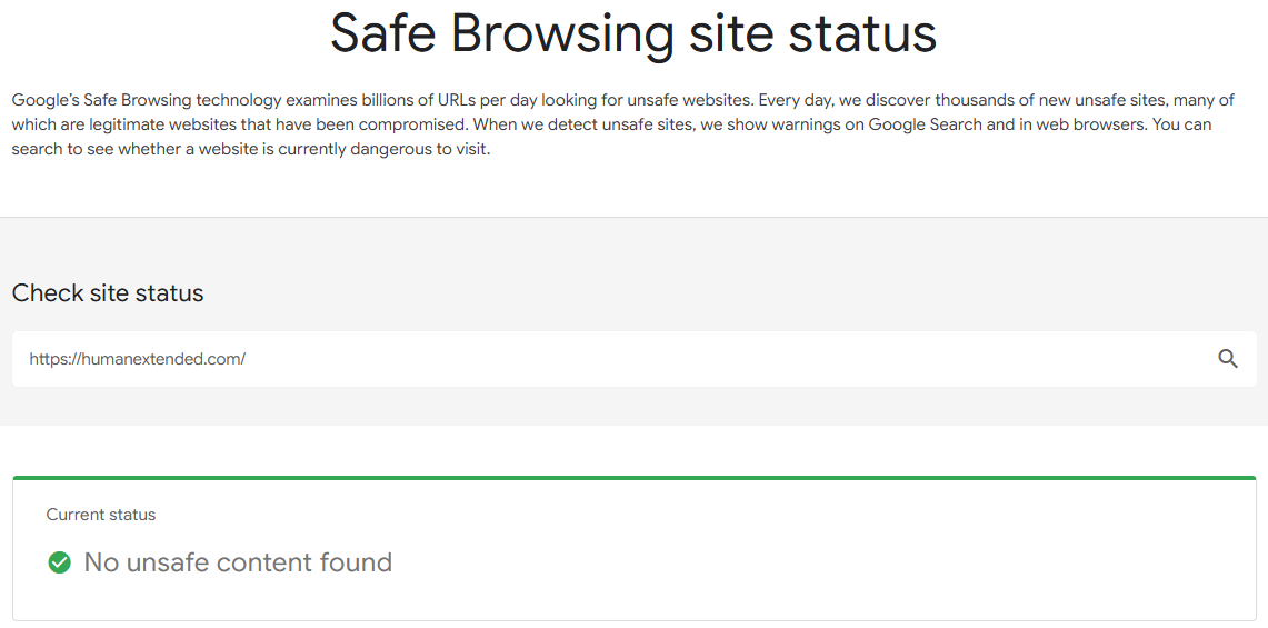 Screenshot of the Google Safe Browsing site showing that no unsafe content was found on a website.