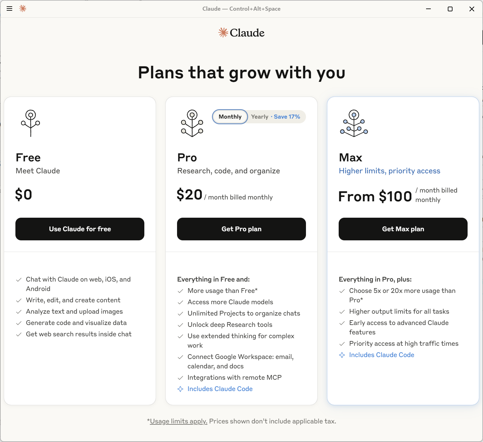 Screenshot of Claude Desktop personal plans. Free (0$), Pro ($20), or Max ($100)