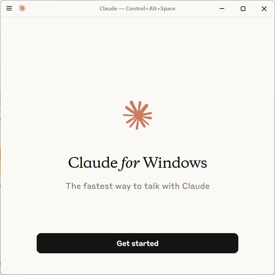 Screenshot of the first screen after the Claude setup program runs. There is a button on the bottom with the label Get started
