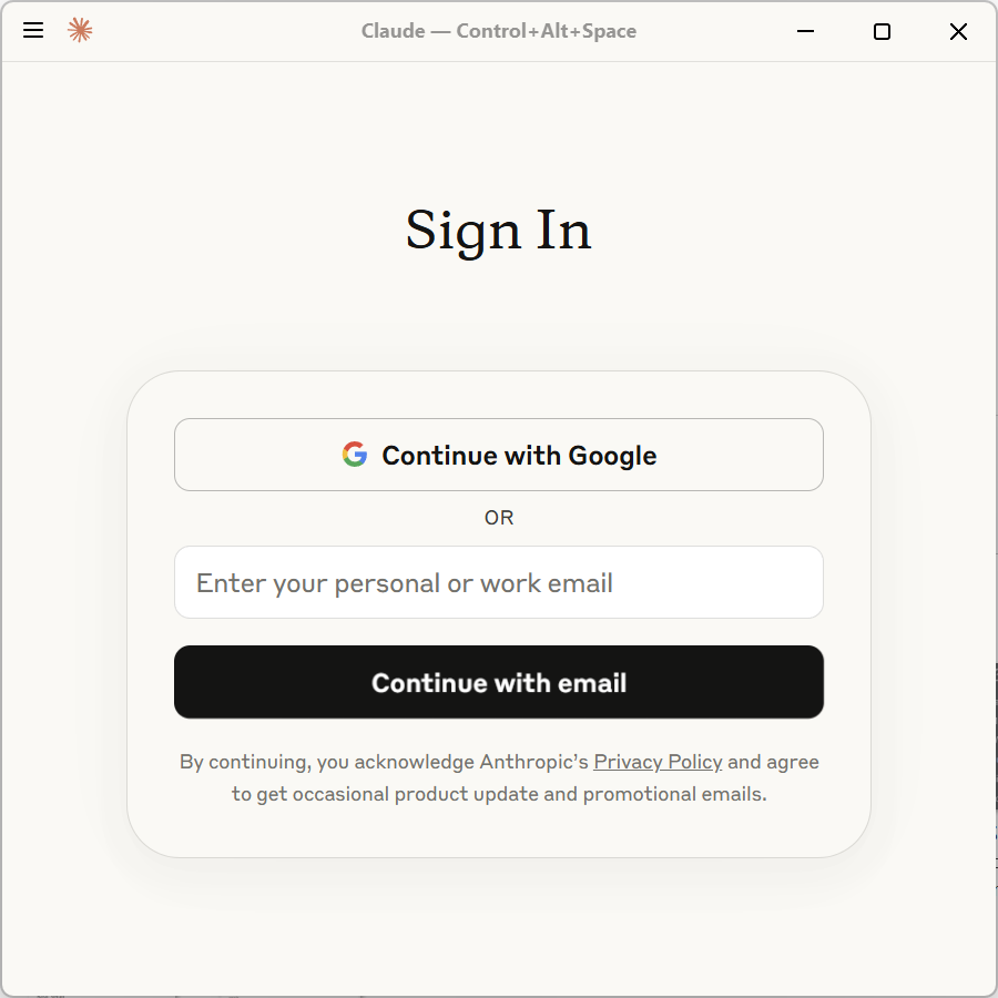 Screenshot of the sign-in screen in Claude Desktop