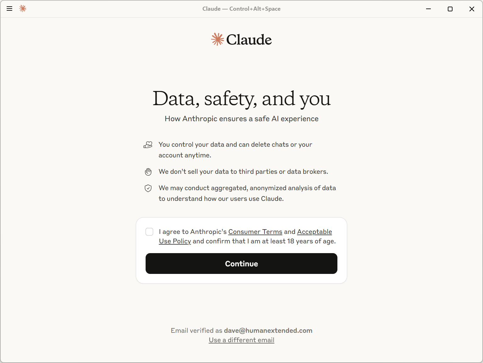 Screenshot of the Claude Desktop setup screen that prompts you to agree to its terms and conditions