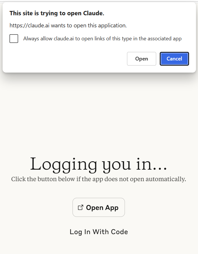 A screenshot of the browser after an Anthropic email had a link to open the app.