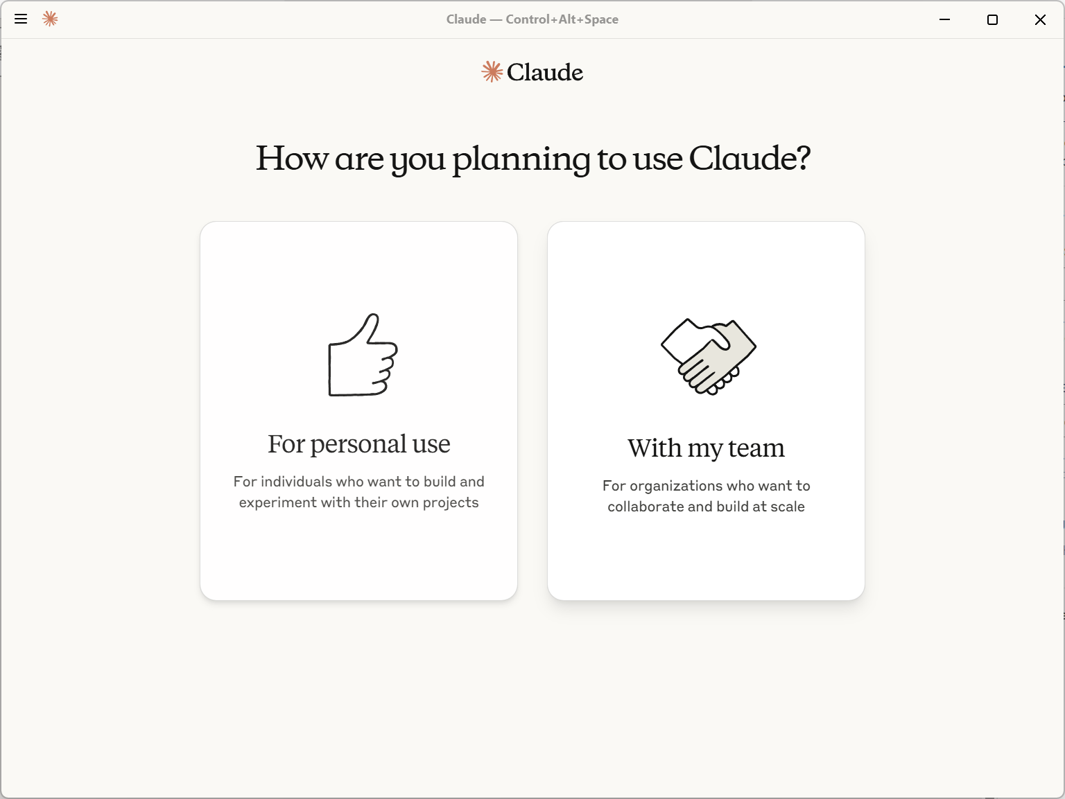 Screenshot of Claude Desktop, asking the person to specify how they plan on using Claude (personal or team).