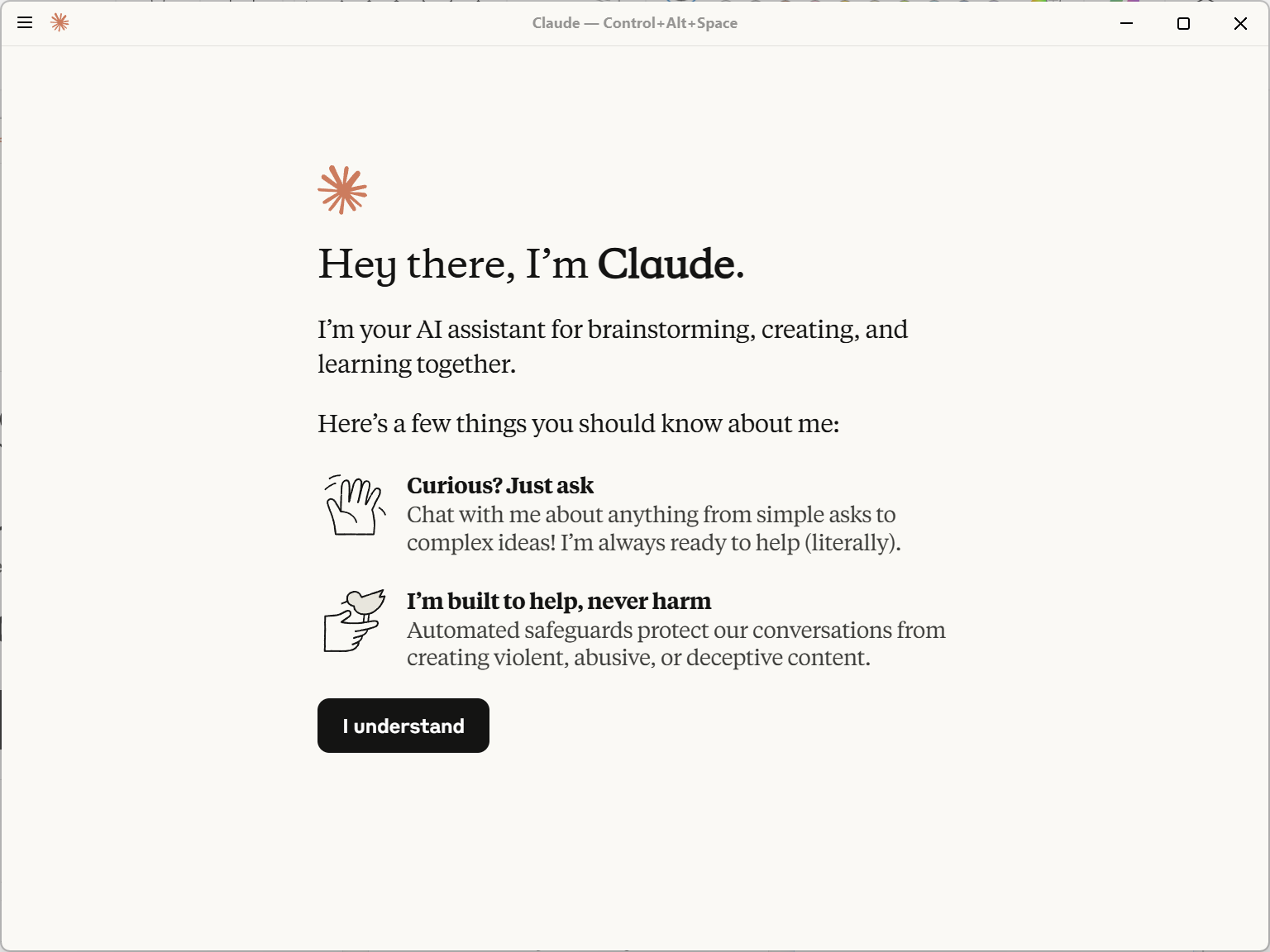 Screenshot of Claude Desktop saying "Hey there" and introducing itself.