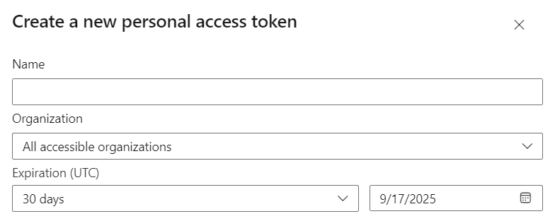 Pop-out panel titled “Create a new personal access token” in Azure DevOps, displaying input fields for token name, organization, expiration date, and a list of selectable scopes such as Code, Work Items, Build, and Release, allowing users to define the token’s access permissions.