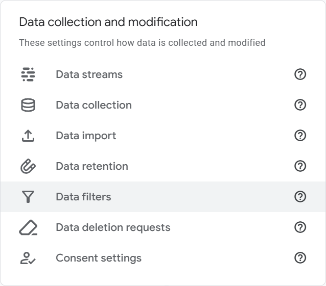 Screenshot of the Data collection and modification panel on Google Analytics admin, with the Data filters menu item selected