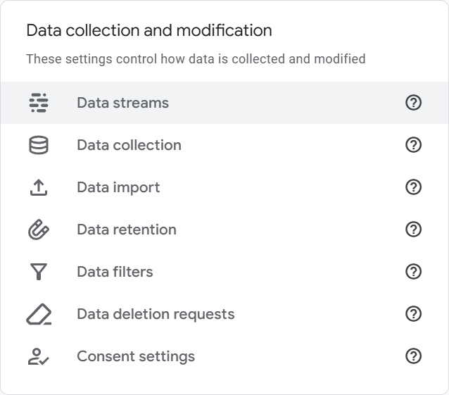 Screenshot of the 'Data collection and modification' panel of the Google Analytics admin panel, with the 'Data streams' menu item highlighted