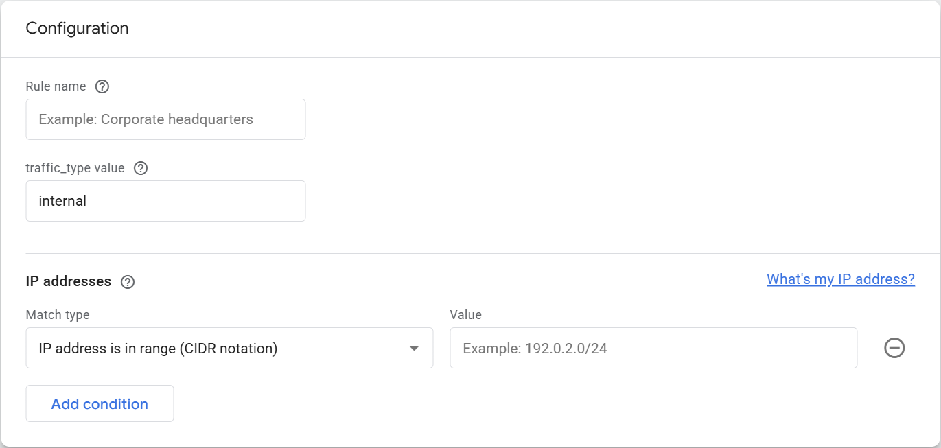 Screenshot of the configuration panel for defining internal traffic in Google Analytics