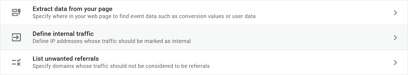 Screenshot of the 'Define internal traffic' menu option in the Settings panel of 'Configure tag settings'