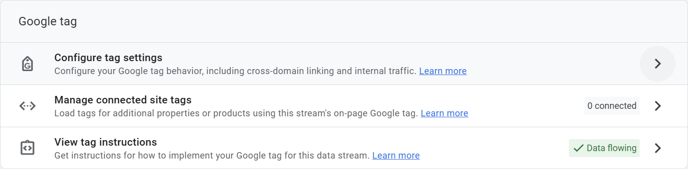 Screenshot of 'Google tag panel' with 'Configure tag settings' highlighted