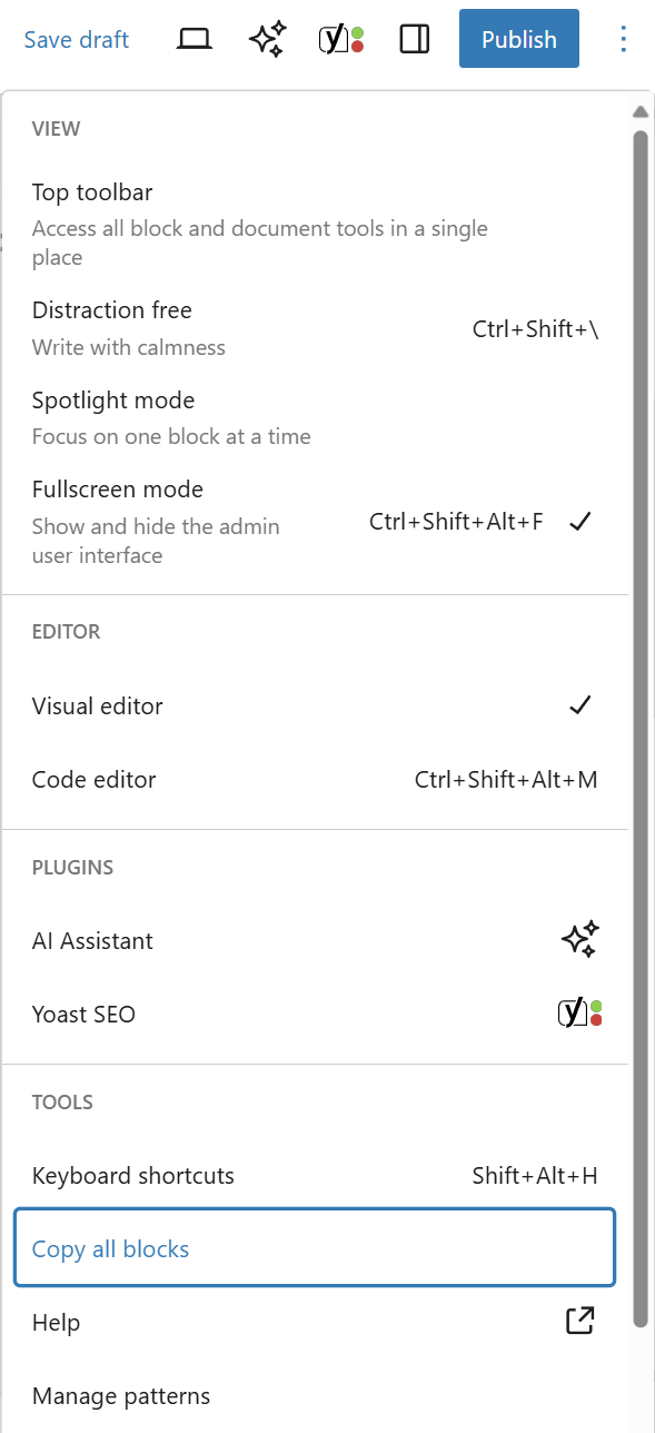 A screenshot showing the page menu in the block editor. Toward the bottom, the Copy all blocks menu item is highlighted.