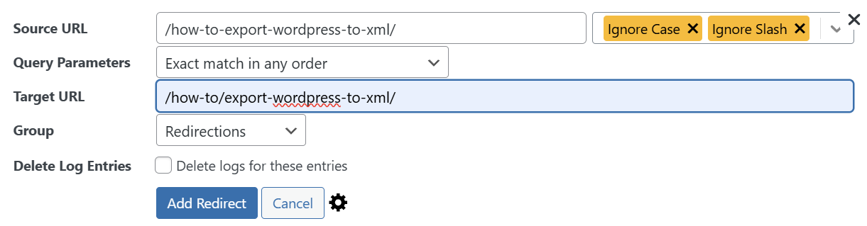 Screenshot of the dialog box to add a redirect