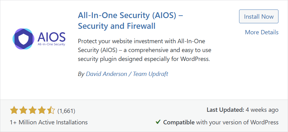 A screenshot of the entry for All-in-One Security (AIOS) in the plugin gallery. The description is: Protect your website investment with All-in-One Security (AIOS) - a comprehensive and easy to use security plugin designed especially for WordPress. By David Anderson / Team Updraft.