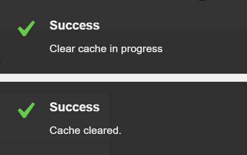 Screenshot of the popup notices that appear after flushing the cache from the GoDaddy Quick Links menu.