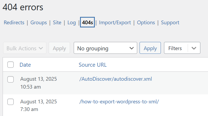 Screenshot of the 404 errors menu on the Redirection plugin