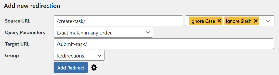 Screenshot of the Add New Redirect panel in the Redirection plugin. The panel has a text box for the source URL, a dropdown box to configure parameter handling, a text box for the target URL, and a dropdown to select the group.