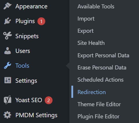 Screenshot of the Tools menu after Redirection has been installed.