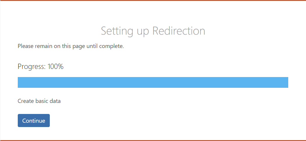 Screenshot of the setup progress indicator of the Redirection plugin. It shows progress of 100% with a Continue button.