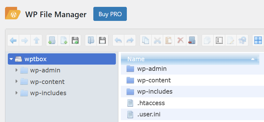 A screenshot of the WP FIle Manager plugin showing the root folder selected.