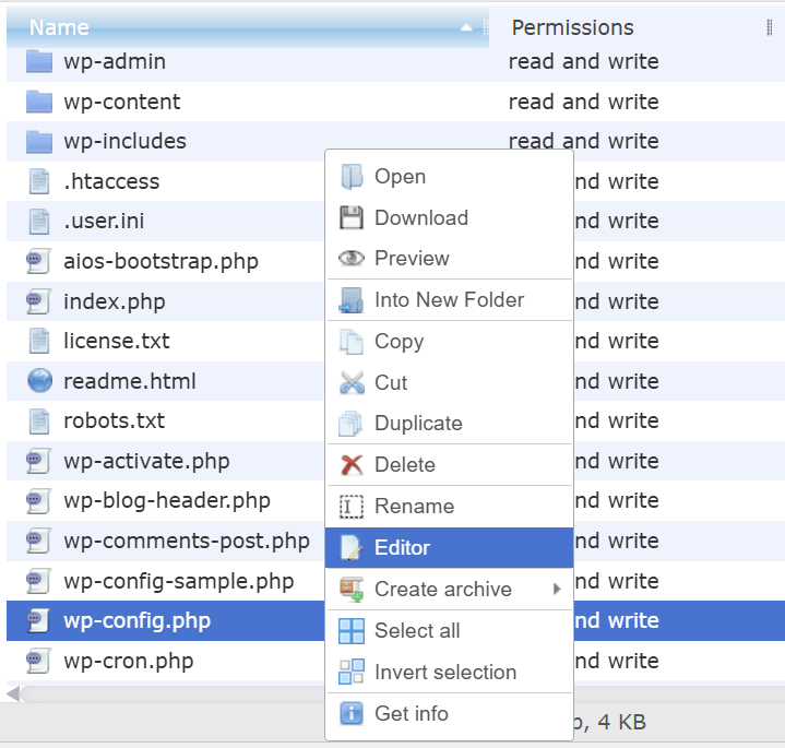 A screenshot of WP File Manager showing a right-click of wp-config.php with the Editor menu item selected