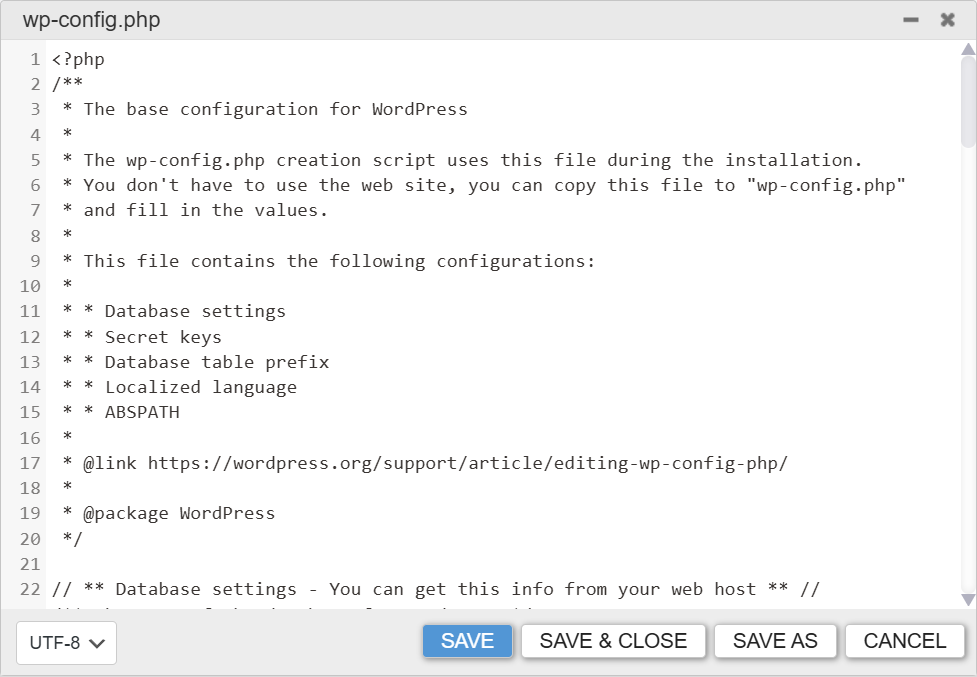 Screenshot of WP File Manager with wp-config.php open in the editor