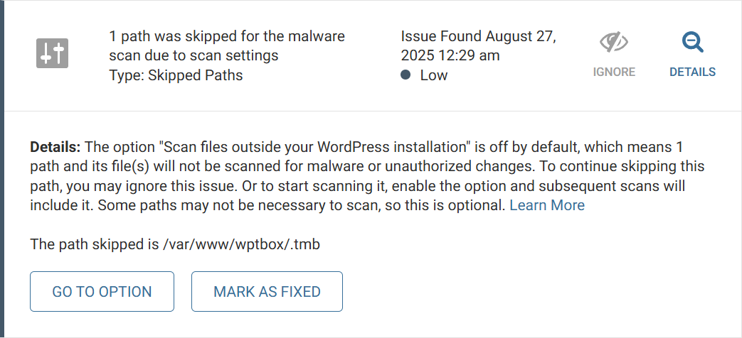 Screenshot of a Wordfence alert that a path was skipped.
