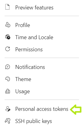 “Personal access tokens” option in the Azure DevOps Security settings menu, used to manage authentication tokens for accessing services like Git, REST APIs, and integrations.