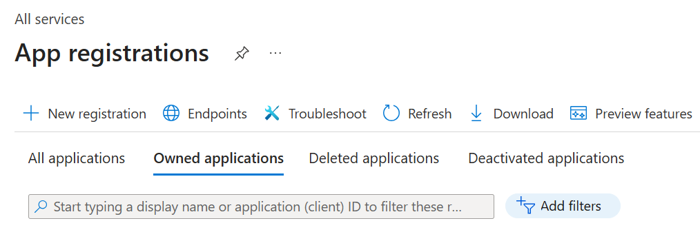 Screenshot of the Microsoft Azure portal on the “App registrations” page. The top navigation bar is blue with “Microsoft Azure” displayed. Below, a toolbar shows options including “New registration” (circled), “Endpoints,” “Troubleshoot,” “Refresh,” “Download,” and “Preview features.” Tabs for “All applications,” “Owned applications,” “Deleted applications,” and “Deactivated applications” appear underneath, along with a search field.
