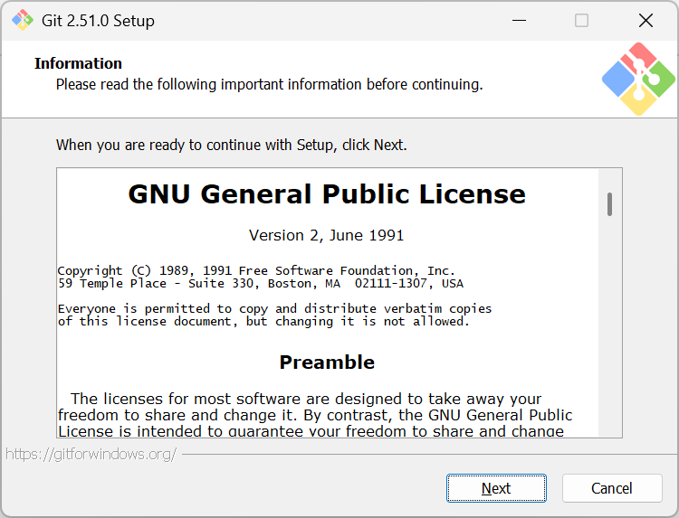 Screenshot of step 1 of the Git 2.51.0 installer, showing the GPL license.