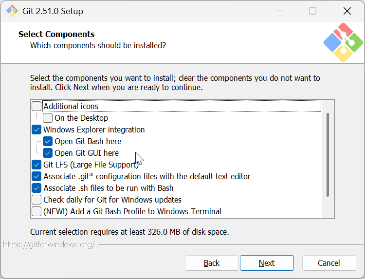 Step 3 of the Git 2.51.0 Setup, which prompts the user to select which components to install.
