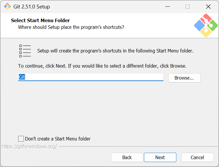 Step 4 of the Git 2.51.0 Setup, which prompts the user to select where in the Start menu to place Git.
