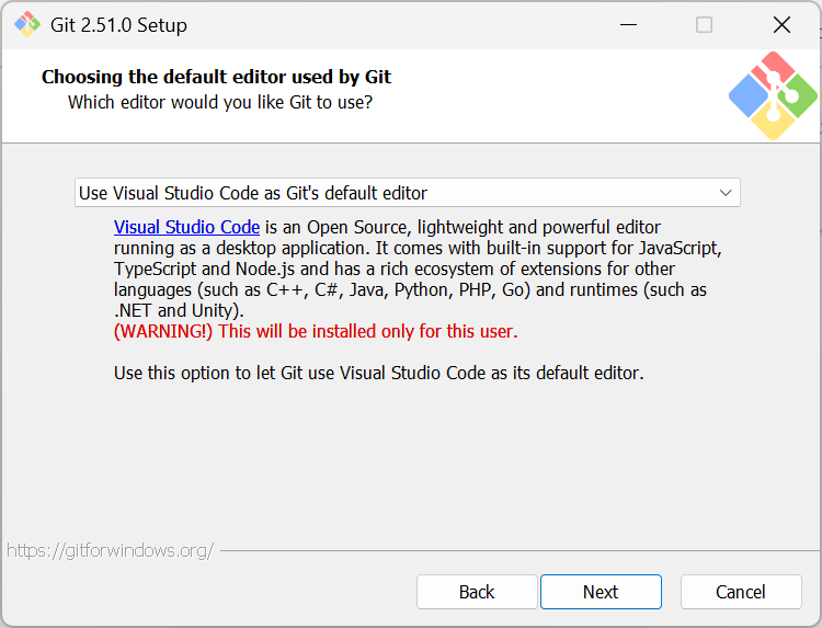 Step 5 of the Git 2.51.0 Setup, which prompts the user to select an editor. In this example, Visual Studio Code is selected.