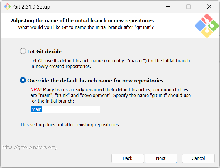 Step 6 of the Git 2.51.0 Setup, which prompts the user to specify the default branch name of new repositories.