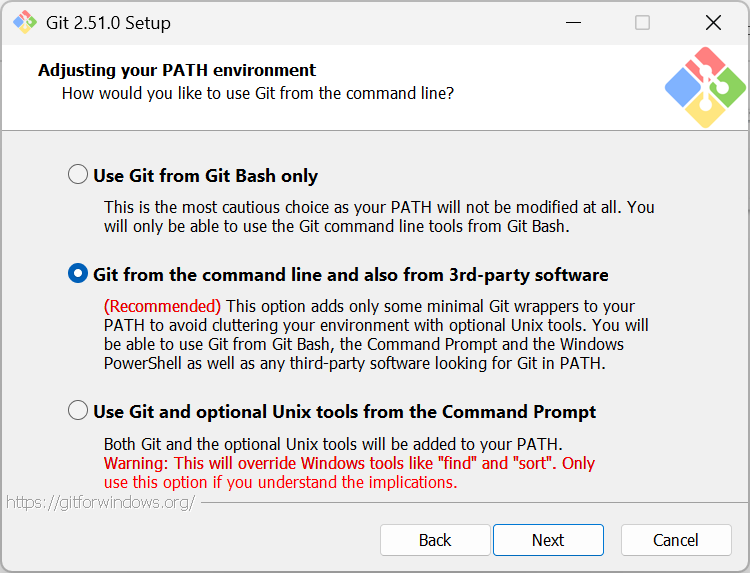 Step 7 of the Git 2.51.0 Setup, which prompts the user to specify what gets added to the path.