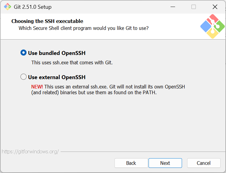 Step 8 of the Git 2.51.0 Setup, which prompts the user to specify which SSH to use.