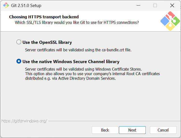 Step 9 of the Git 2.51.0 Setup, which prompts the user to select an SSL/TLS library for secure connections