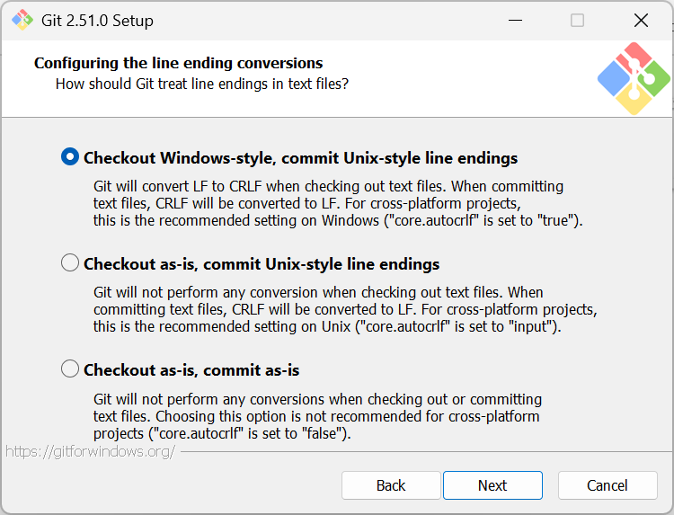 Step 10 of the Git 2.51.0 Setup, which prompts the user to decide on how to handle line endings