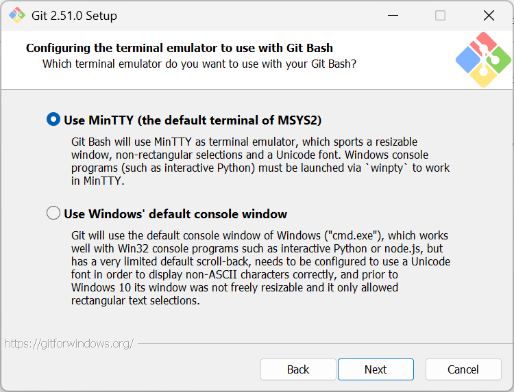 Step 10 of the Git 2.51.0 Setup, which prompts the user to select a terminal emulator. In this case MinTTY is selected in favor of the Windows terminal.