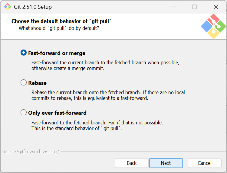Step 12 of the Git 2.51.0 Setup, prompting the person to set the default git pull behavior.
