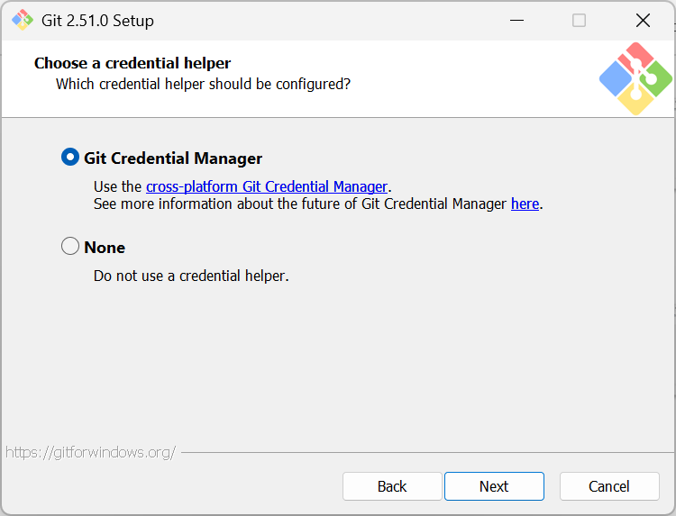 Step 13 of the Git 2.51.0 Setup, which prompts the user to select a credential helper. The default is Git Credential Manager.