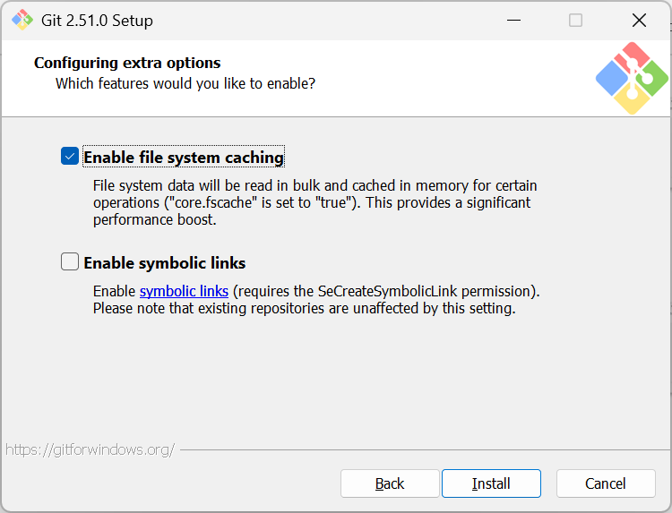 Step 13 of the Git 2.51.0 setup, which prompts the user to select extra options. By default, file system caching is enabled while symbolic links are disabled.
