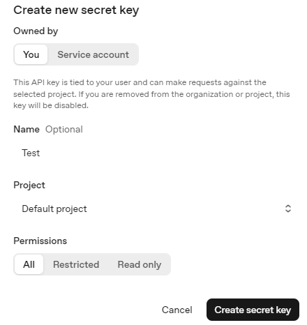 The new OpenAI API Key configuration window.