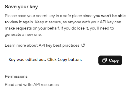 Save your Open AI Key Window