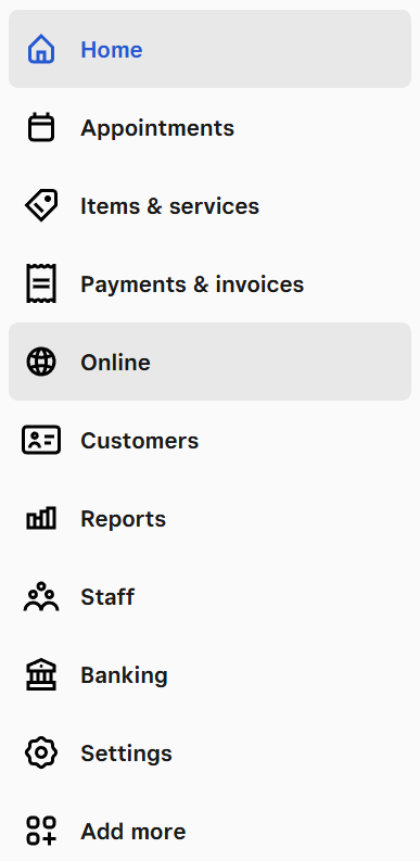 Screenshot of the Square dashboard menu with Online highlighted