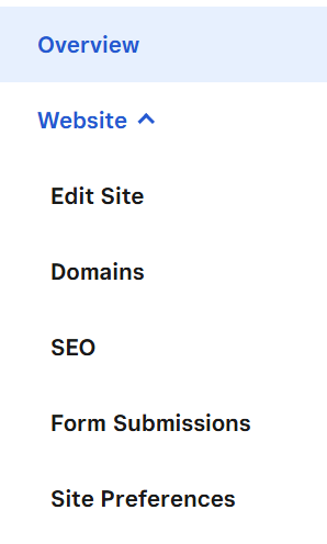 Screenshot of the Square Online menu, showing the Website section expanded