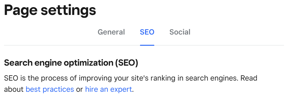 Screenshot of the Square website editor showing the SEO tab under Page Settings