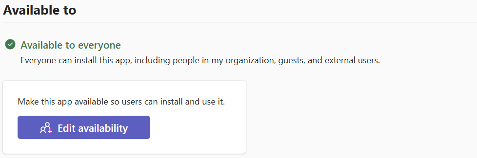 Screenshot of the Facilitator app in the Teams Admin center showing that Facilitator is available to everyone.