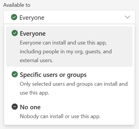 Screenshot of the options for setting availability of an app in the Teams Admin Center.